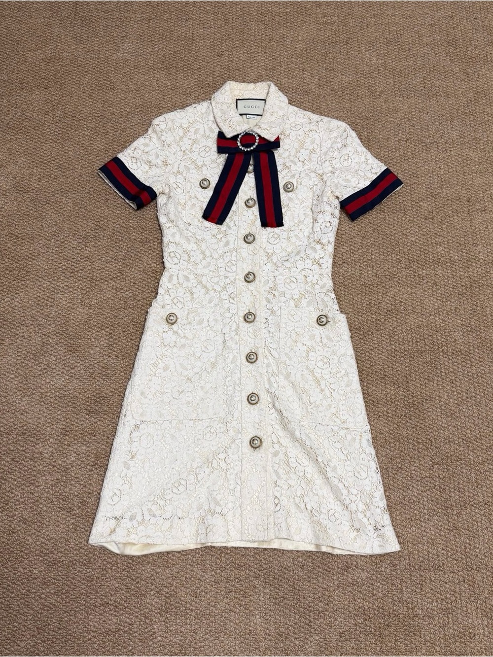 Gucci Cream Lace Button-Front Dress with Signature Navy & Red Ribbon